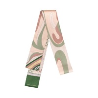 Silk Twill Skinny Scarf with Geometric Patterns in Grey Green 120